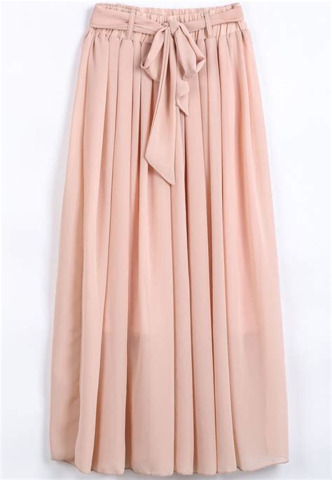Pink Elastic Waist Drawstring Pleated Chiffon Skirt Modest Skirts Cute Skirts