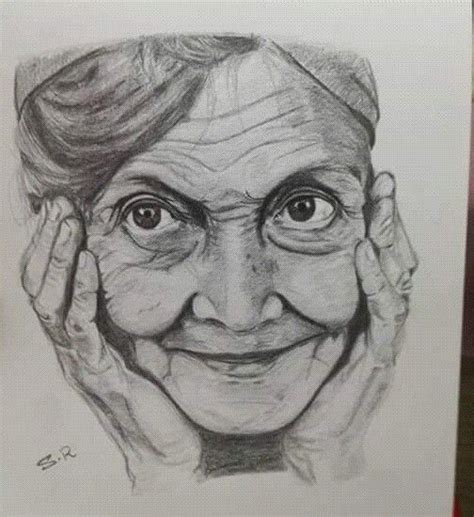 An Old Womans Face Is Drawn In Pencil On Paper With Her Hands Behind