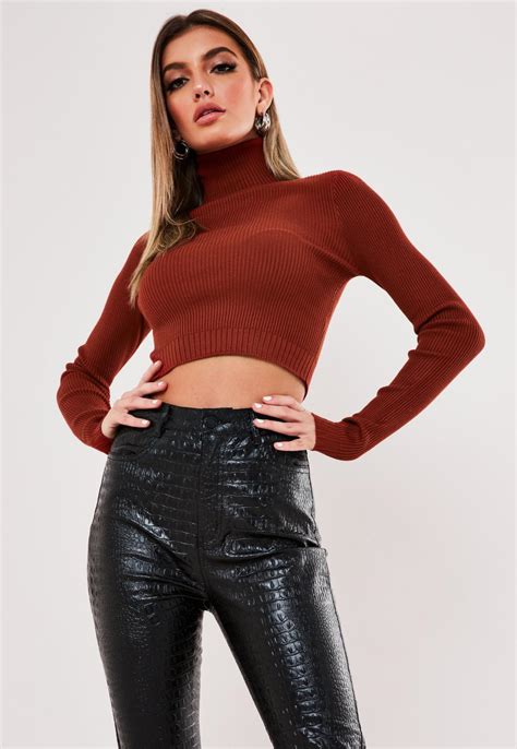 Up to 70% off selected colors/sizes. Tall Red Roll Neck Rib Knitted Crop Top | Missguided
