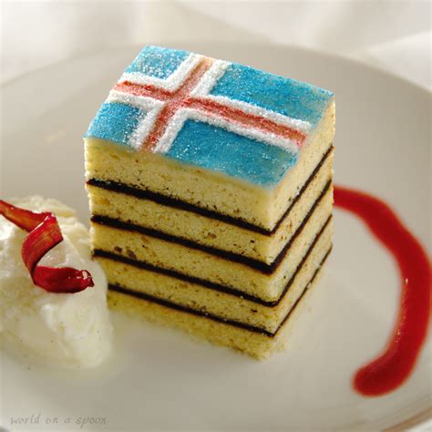 Icelandic Dessert Flag 🇮🇸 Vínarterta With Vanilla Snow And Spiced Rhubarb And Vodka Sauce