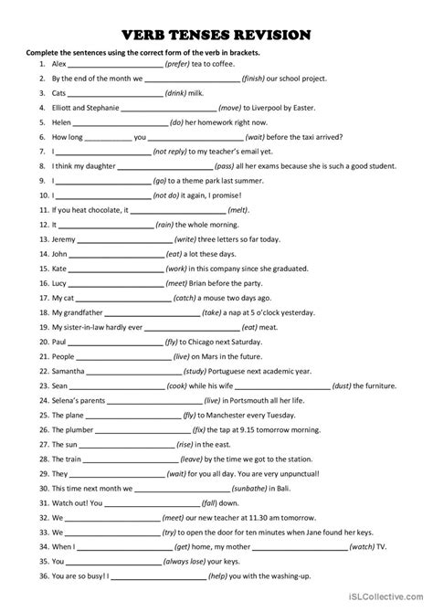Verb Tenses Revision Exercise Gene English Esl Worksheets Pdf And Doc