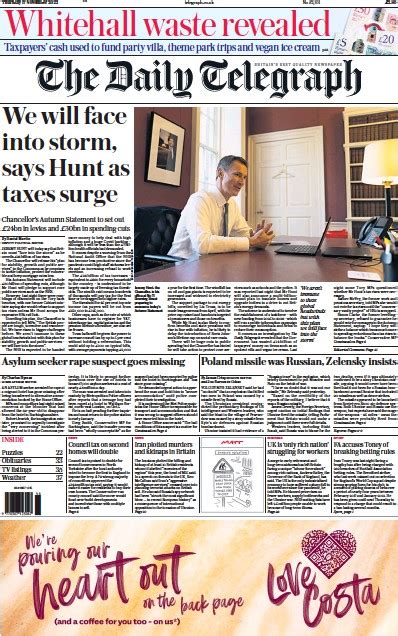 The Daily Telegraph UK Front Page For 17 November 2022 Paperboy