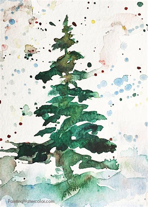 Christmas Card Tree Watercolor Painting Tutorial Aquarell