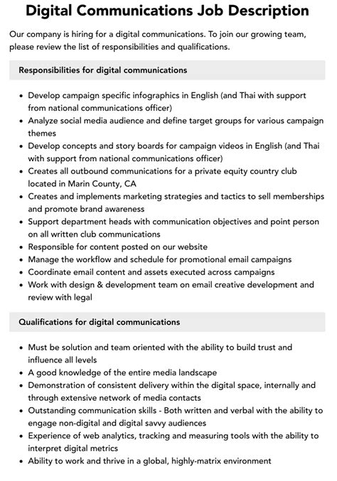 Digital Communications Job Description Velvet Jobs