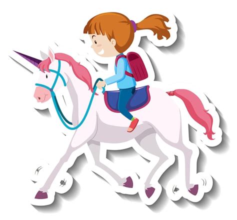 Free Vector A Girl Riding Unicorn Cartoon Sticker