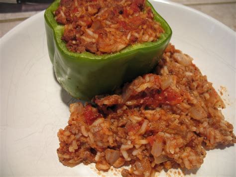 Cook the stuffed peppers with rice in the oven for about five minutes or until all the ingredients are warmed through. Fahey's World: Stuffed Green Peppers or Spanish Rice