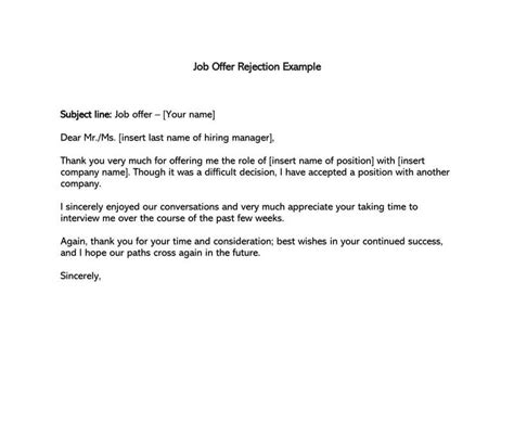 Formal Rejection Letter To Decline Job Offer Email Examples