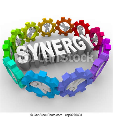 Synergy - people in gears around word. The word synergy surrounded by people in gears. | CanStock