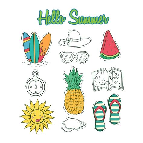 Premium Vector Set Of Summer Icons Collection With Colored Hand Drawn