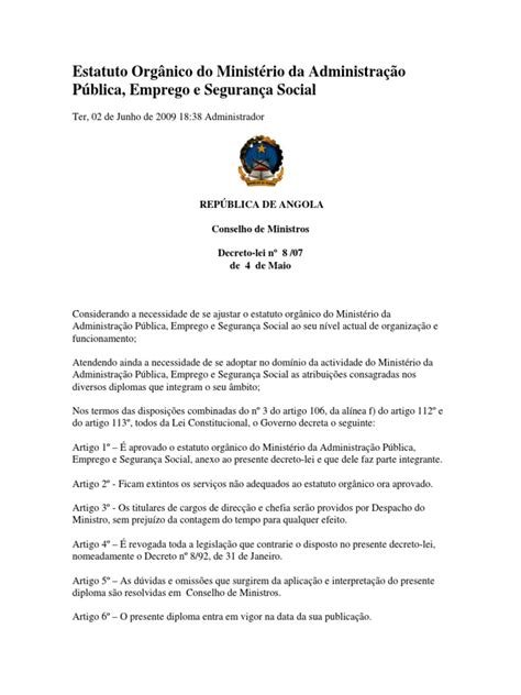 angola estatuto orgânico do ministério da administração pública decreto lei 8 07 2007