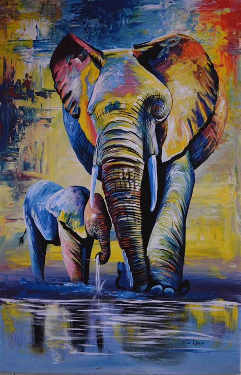 African Oil Painting Mama And Baby Elephant 24 W X 36 H Naheri