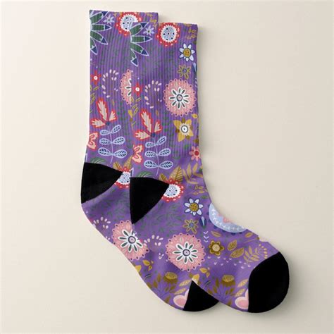 Whimsical Folk Art Garden Purple Socks Womens Size Large Burly