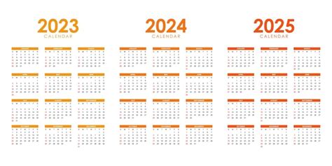 2023년 2024년 및 2025년 연간 달력 템플릿 디자인 세트 프리미엄 벡터
