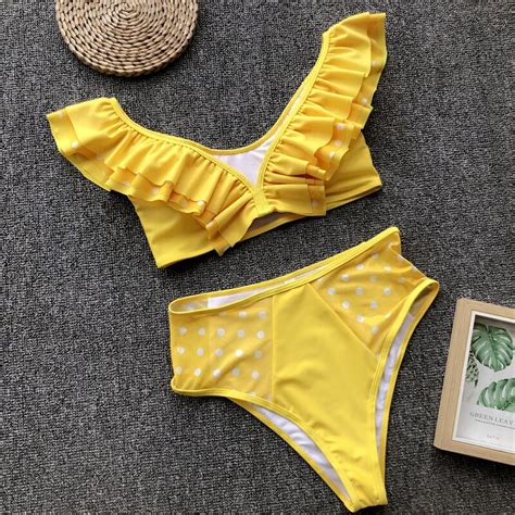Free Shipping Ruffled High Waist Bikini Female Polka Dot Swimsuit Women Bandeau Swimwear 2019