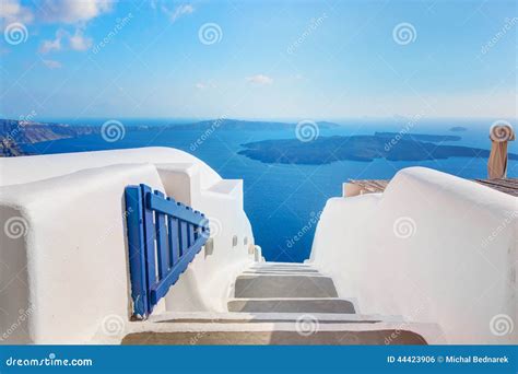 Santorini Greece Open Blue Door With Aegean Sea View And Caldera
