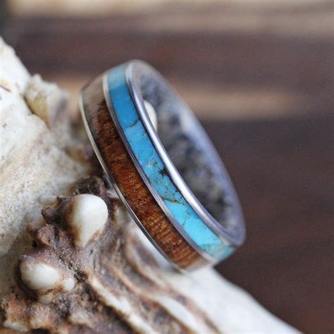 Mesquite Wood Ring With Antler Sleeve And Turquoise In Wood