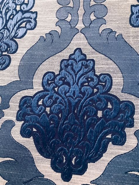 New Designer Burnout Damask Satin Upholstery Fabric Blue And Natural Bty