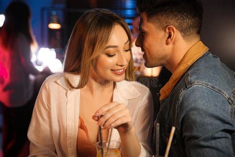 Man And Woman Flirting With Each Other In Bar Stock Image Image Of Giggling Happy 214995611