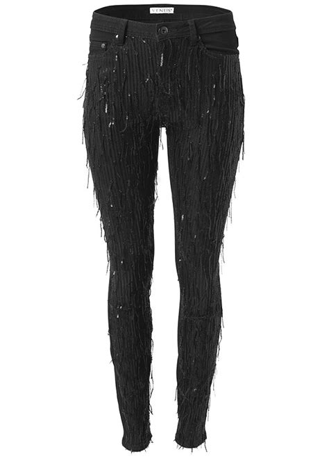 Plus Size Sequin Fringe Skinny Jeans In Black Venus