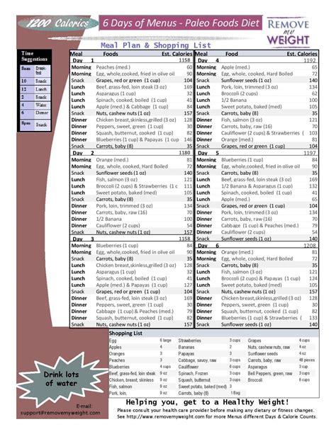 1200 Calorie A Day Paleo Diet 6 Day Menu Plan With Shopping List