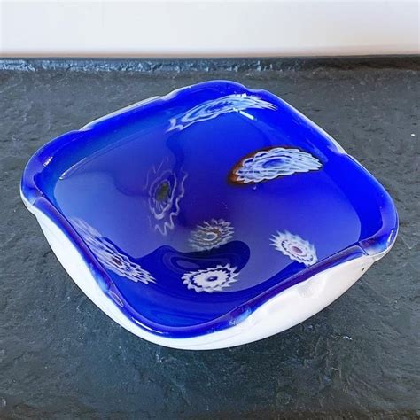 Mid Century Mouth Blown Cobalt Blue And White Glass Trinket Bowl With Stretched Millefiori