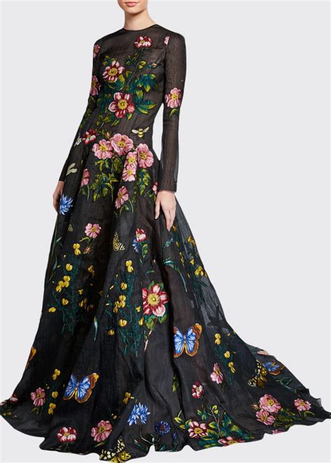 Oscar De La Renta Silk Long Sleeve Ball Gown With Floral Applique