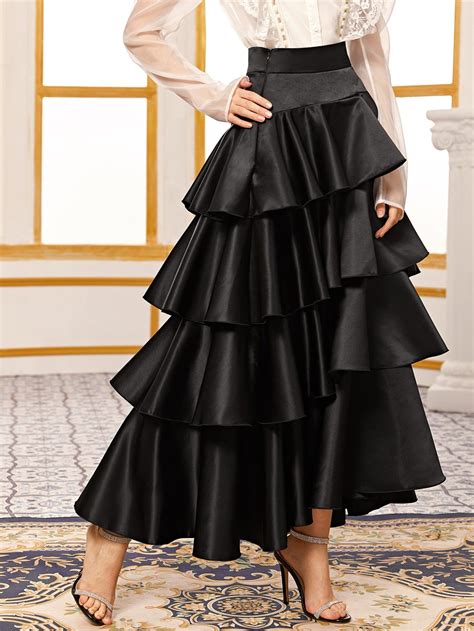 Long Ruffle Skirt Outfit Satin Maxi Skirt Layered Ruffle Skirt Maxi