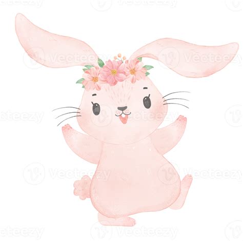 Cute Sweet Princess Baby Pink Bunny Rabbit With Floral Crown Watercolor
