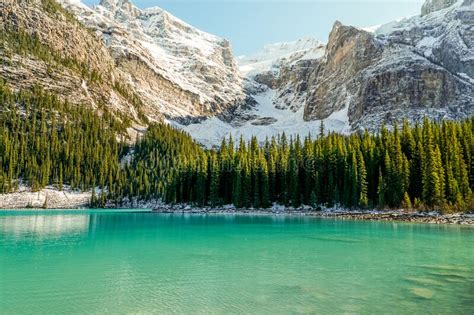 A Mountain Slope With Trees And A Lake Moraine Lake In The Canadian