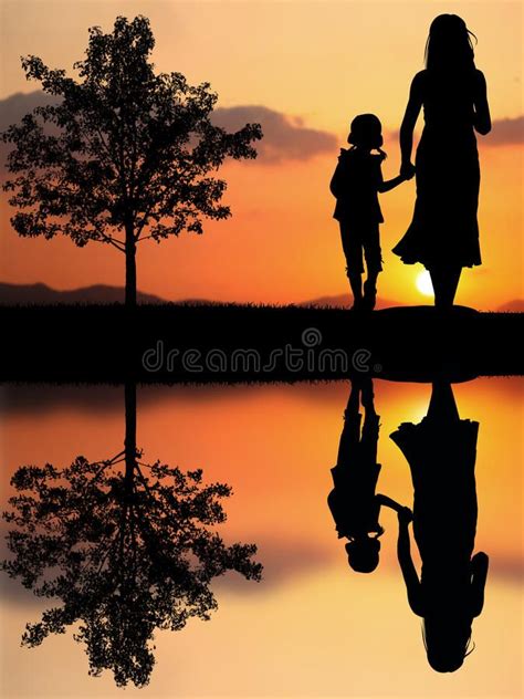Mother And Daughter In The Park And Beautiful Sunset