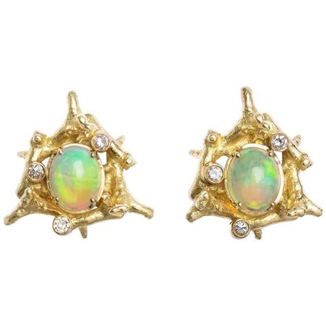 Diamond Opal 18 Carat Yellow Gold Clip On Earrings For Sale At 1stdibs