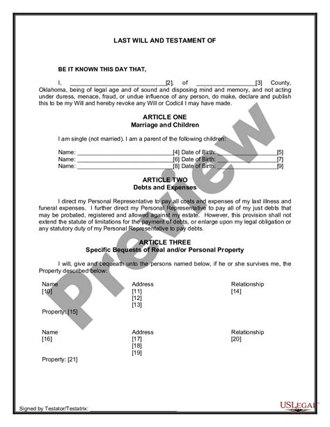 Oklahoma Legal Last Will And Testament Form For Single Person With