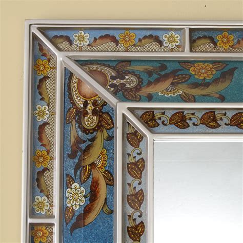 Floral Reverse Painted Glass Wall Mirror With Silver Tone Soulful Reflections Novica