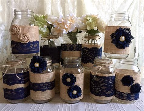 Sale 10x Rustic Burlap And Navy Blue Lace Covered Mason Jar