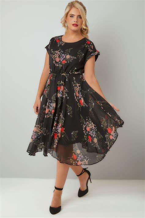 Black And Multi Vintage Floral Print Chiffon Dress With Hanky Hem Plus Size 16 To 36