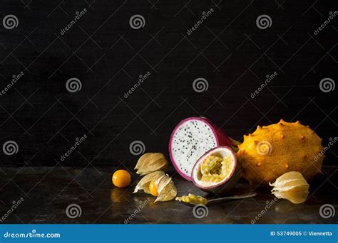 Dark Exotic Tropical Fruit Still Life Stock Photo Image 53749005