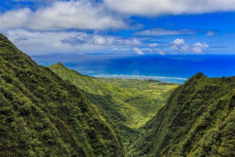 Aerial View Of Oahu Coastline And Mountains In Honolulu Hawaii Stock