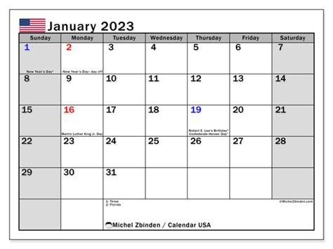 January 2023 Printable Calendar “united States” Michel Zbinden Us