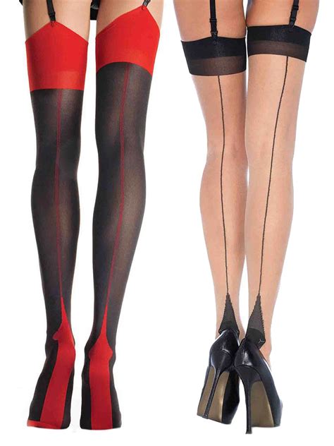 womens cuban heel stockings black red and nude thigh highs hosiery for garter belts 2 pack