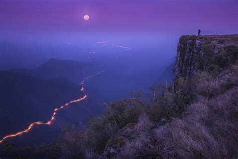 Landscape Nature Road Lights Moonlight Shrubs Mountain Mist
