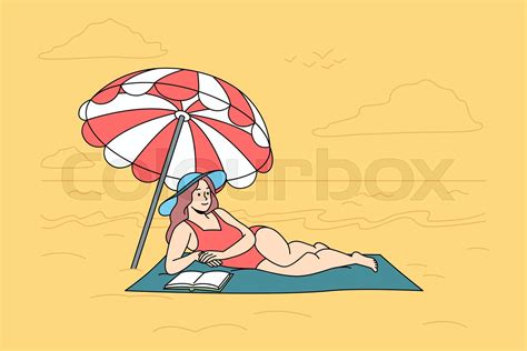 Happy Woman In Swimsuit Lying On Beach Stock Vector Colourbox