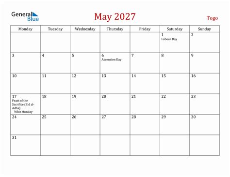 May 2027 Togo Monthly Calendar With Holidays