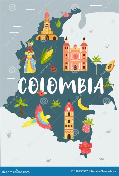Bright Illustrated Map Of Colombia Travel Banner Stock Vector