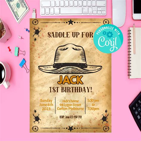 Editable Cowboy Birthday Invitation Rodeo Birthday Invitation Cowboy