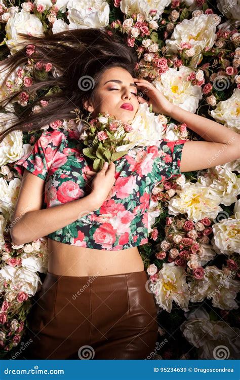 Beautiful Seductive Woman Lying On Flowers Stock Image Image Of Girl
