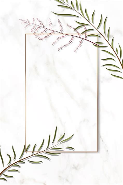 A White Marble Background With Green Leaves And A Gold Rectangle Frame