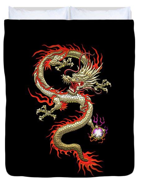 Golden Chinese Dragon Fucanglong On Black Silk Digital Art By Serge