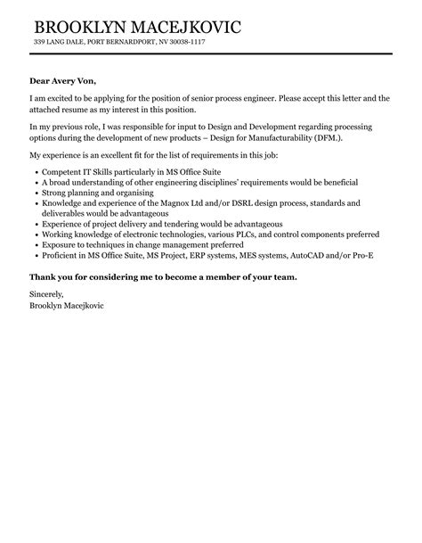 Senior Process Engineer Cover Letter Velvet Jobs