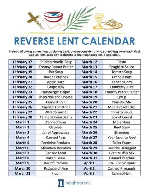 Reverse Lenten Calendar Neighbors Inc