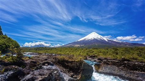 Nature Landscape Volcano Mountain Snowy Peak River Forest Clouds